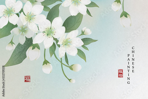 Chinese ink painting art background plant elegant flower pear blossom. Chinese translation : Plant and Blessing.