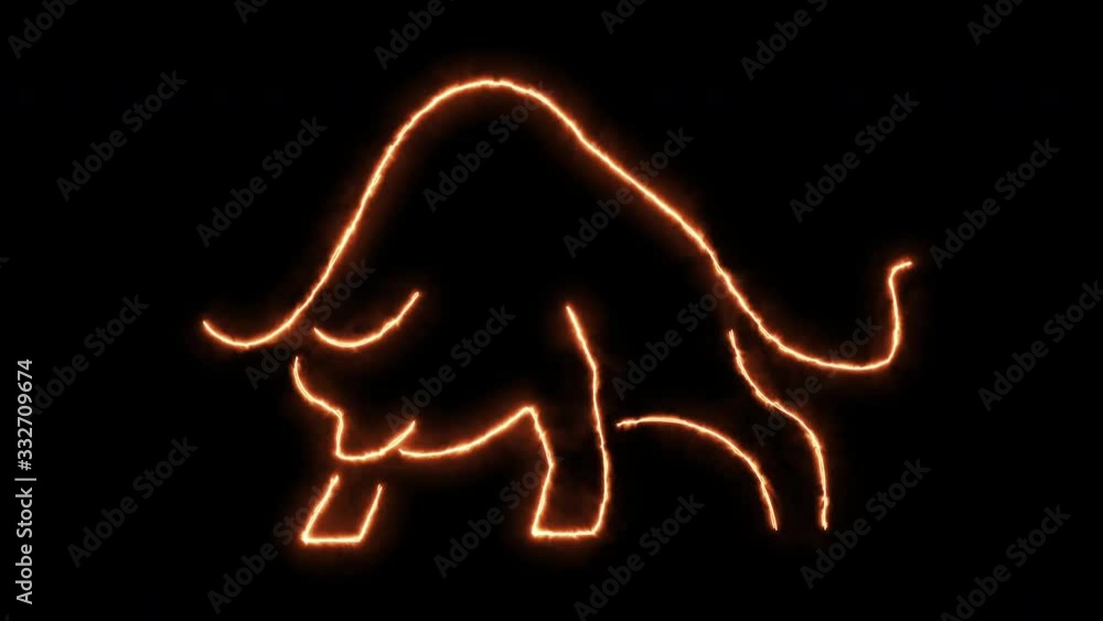 Burning bull and bull in neon light. Compilation of animations with fire and glow light effects
