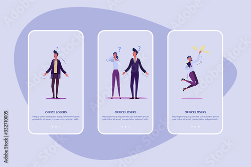 Office losers set. Useless puzzled employees sleeping at workplace, shrugging, questions. Flat vector illustrations. Inefficient manager, failure concept for banner, website design or landing web page