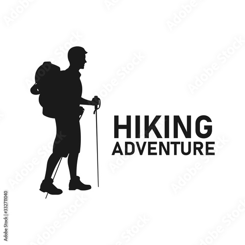 Man holding stick go hiking silhouette. Trekking adventure. Holiday outdoor activity. Camping equipment. Backpacker style. Backpacking in nature concept - Vector icon sign or symbol illustration.