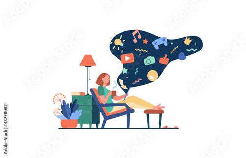 Social media addicted woman. Cartoon character relaxing at home, using tablet computer for web surfing, playing online games. Vector illustration for internet addiction, communication concept