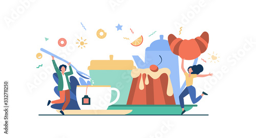 People having fun in tea party. Cartoon men and woman enjoying hot drink, cookies, croissant, dessert. Vector illustration for coffee break, bakery, sugar, menu concept