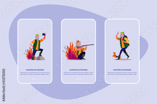 Hunter outdoors set. Man shooting riffle, holding shot animal, autumn landscape. Flat vector illustrations. Hobby, sport, activity concept for banner, website design or landing web page