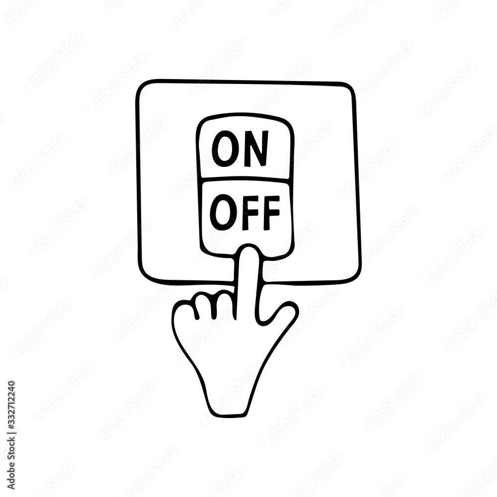 Light switch. Hand presses the button off. Earth Hour. Save planet concept. Black and white doodle style illustration Light switch. Hand presses the button off. Earth Hour. Save planet concept. Black and white doodle style illustration