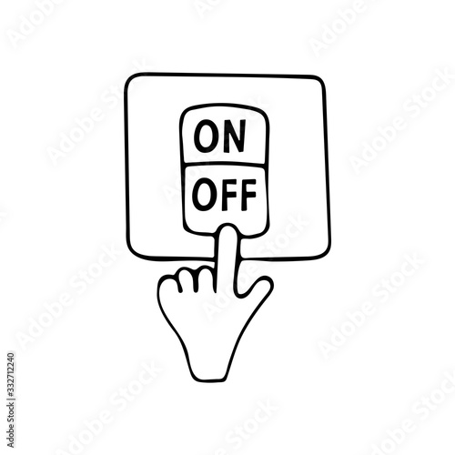 Light switch. Hand presses the button off. Earth Hour. Save planet concept. Black and white doodle style illustration