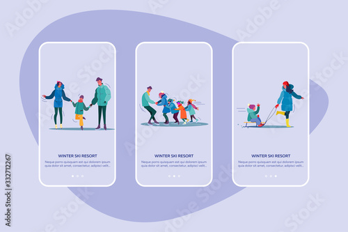 Winter ski resort set. Families, kids skating on ice, sleighing, mountain landscape with chalets. Flat vector illustrations. Vacation, holiday concept for banner, website design or landing web page