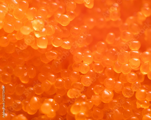 MEXICO CITY,  MEXICO - FEBRUARY 02, 2019. Macro view of orange fish roe, also known as masago. Commonly used as an ingredient in sushi and japanese cuisine. © Len