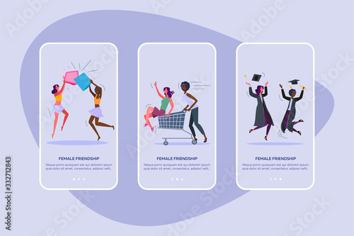 Female friendship set. Women having fun together, drinking in bar, shopping mall. Flat vector illustrations. Old friends, entertainment concept for banner, website design or landing web page