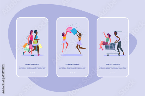 Female friends set. Two women eating in cafe, drinking in bar, shopping, grocery shop. Flat vector illustrations. Friendship, having fun concept for banner, website design or landing web page