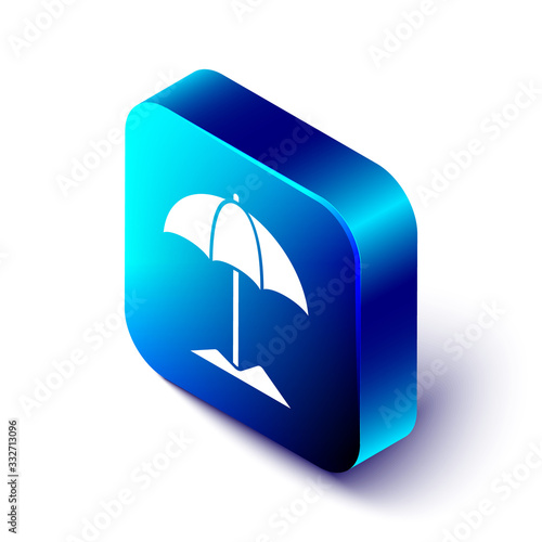 Isometric Sun protective umbrella for beach icon isolated on white background. Large parasol for outdoor space. Beach umbrella. Blue square button. Vector Illustration