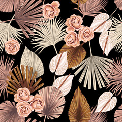 Handdoek met foto Bruin patronen Tropische jungle bloemen zwarte achtergrond  © good_mood