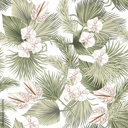 Tropical floral boho dried palm leaves, orchid anthurium flower seamless pattern white background. Exotic jungle wallpaper.