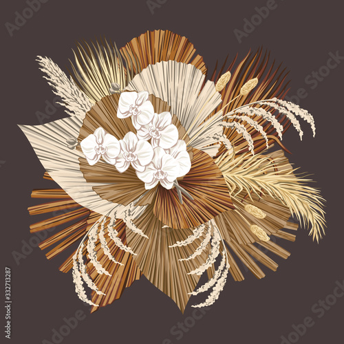 Boho bouquet dried palm leaves orchid flower illustration. Tropical jungle floral vector composition.