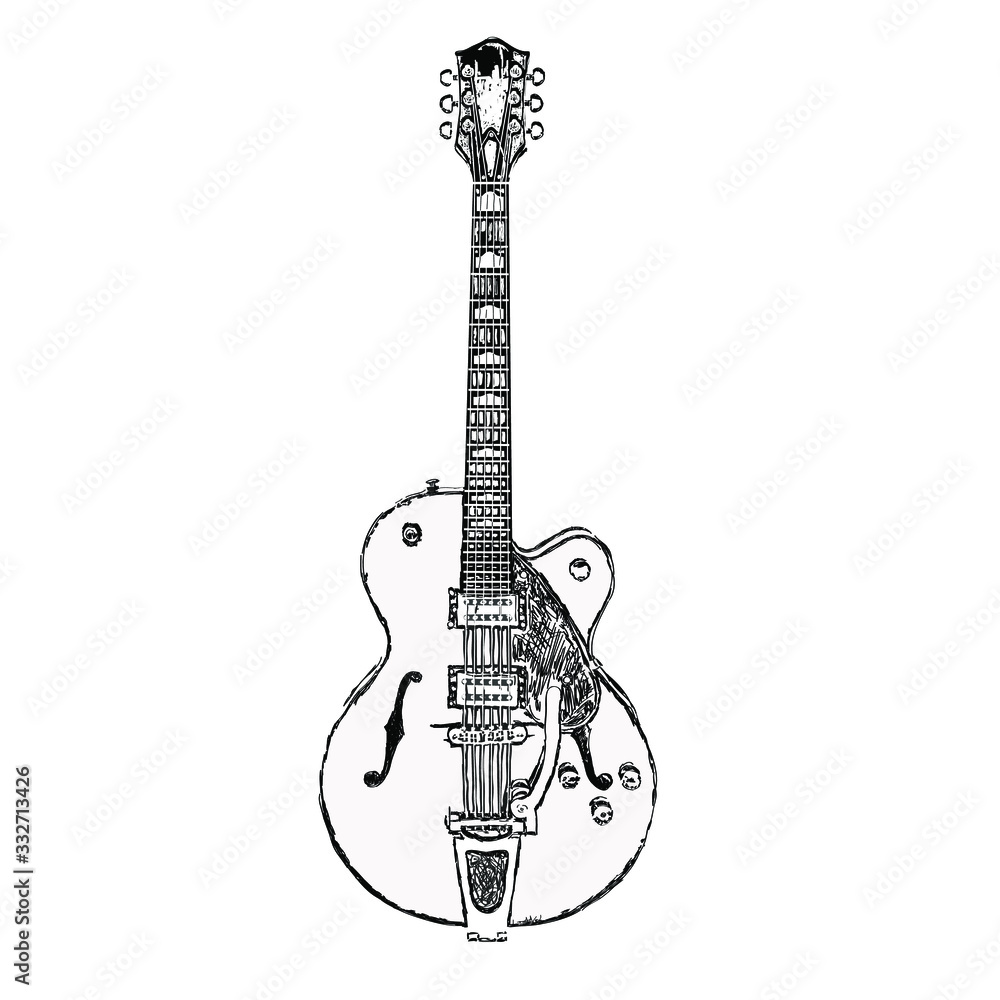 Jazz electric guitar on a white background. Black and white vector illustration of an isolated guitar. Drawing sketch.