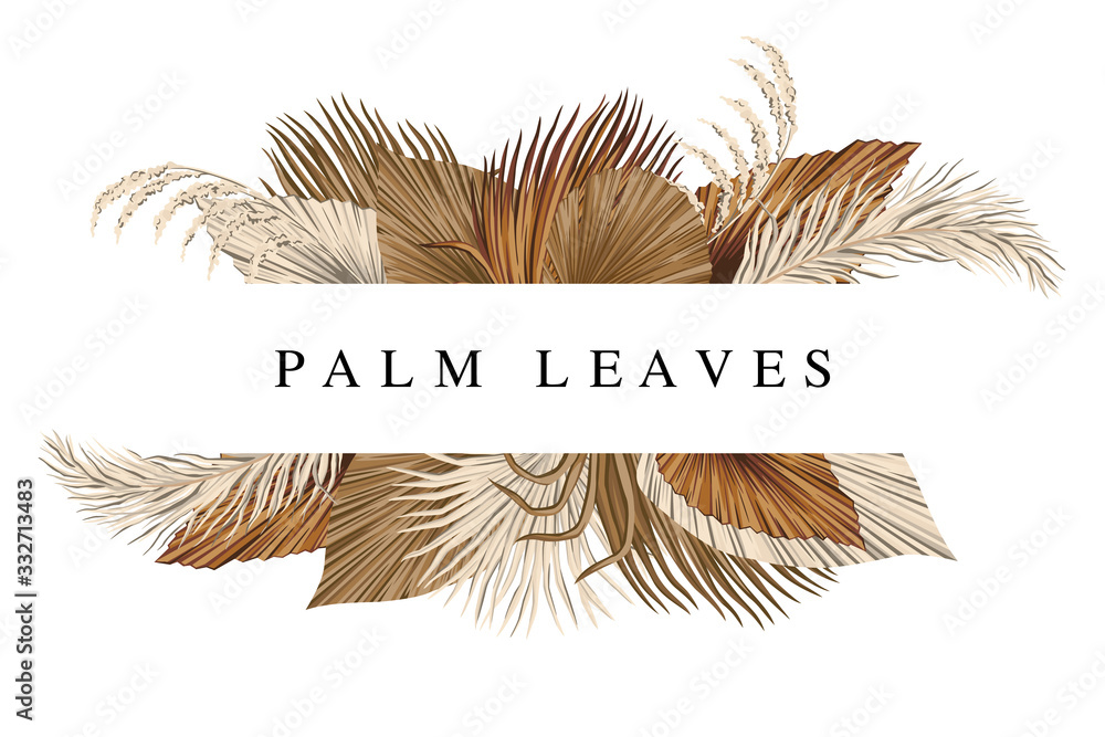 Boho bouquet dried palm leaves floral illustration. Tropical jungle slogan floral vector composition. - obrazy, fototapety, plakaty 