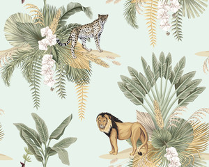 Sierkussen Tropische print patronen Vintage safari leeuw en luipaard blauw  © good_mood