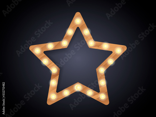 Brown wooden star frame with light bulbs on a wall. Vector stock illustration for card or poster