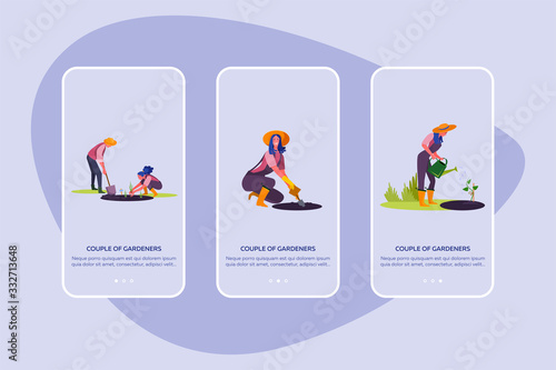 Couple of gardeners set. Man and woman growing plants, gathering harvest, suburb house . Flat vector illustrations. Country, lifestyle concept for banner, website design or landing web page