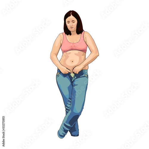 fat woman with big belly trying to wear