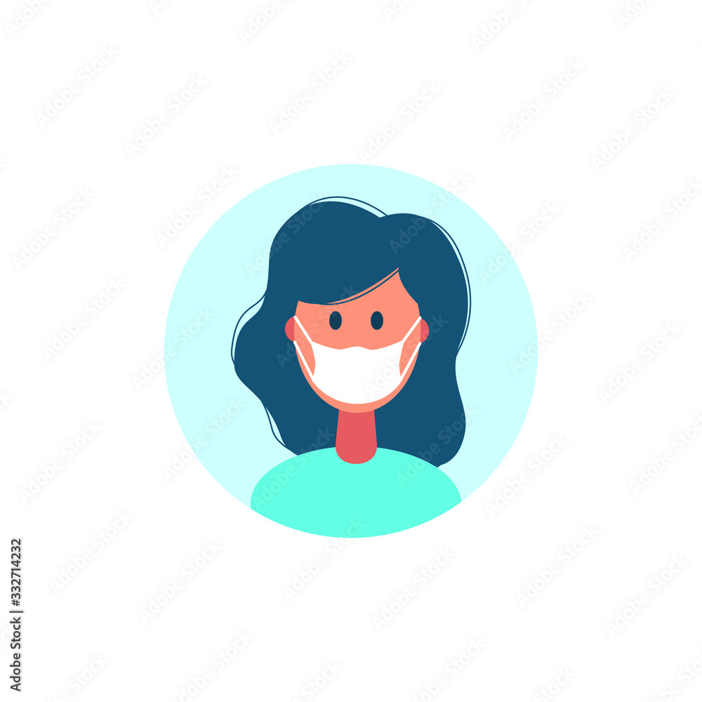 Girl in a protective mask icon in flat style on a white background. Vector stock illustration.