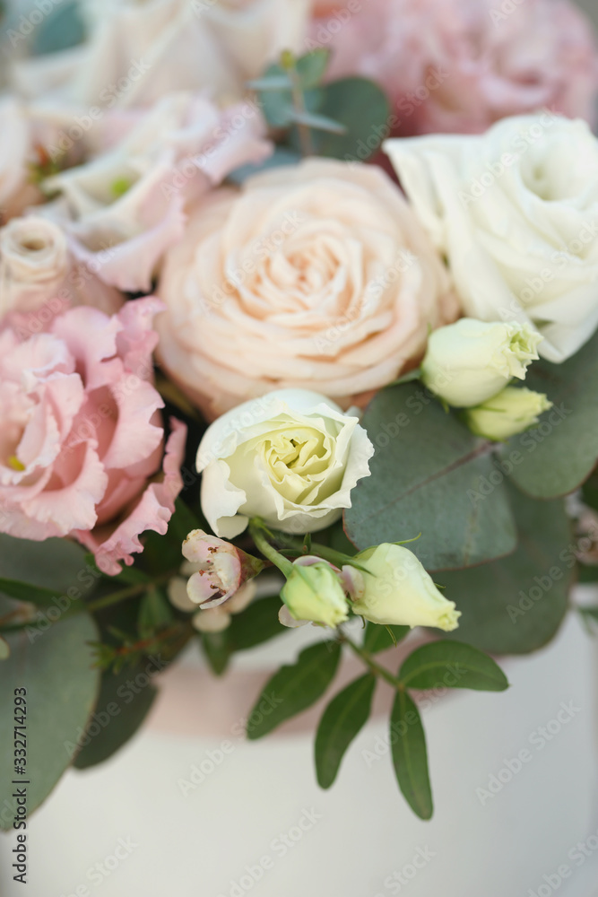 Fototapeta premium Beautiful bright bouquet with roses and other flowers