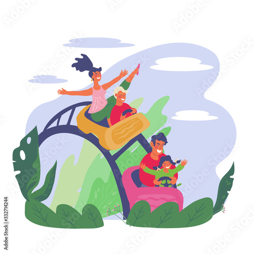 Cheerful family with children riding roller coaster together in amusement park. Summer leisure and entertainment activity background with park landscape elements. Flat vector illustration isolated.