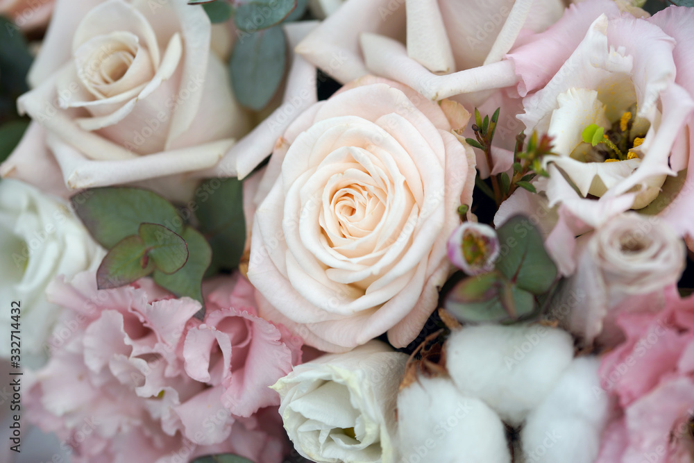 Beautiful bright bouquet with roses and other flowers