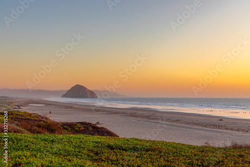 Beautiful panoramic view of Morro bay and Morro Rock at sunset. California. USA