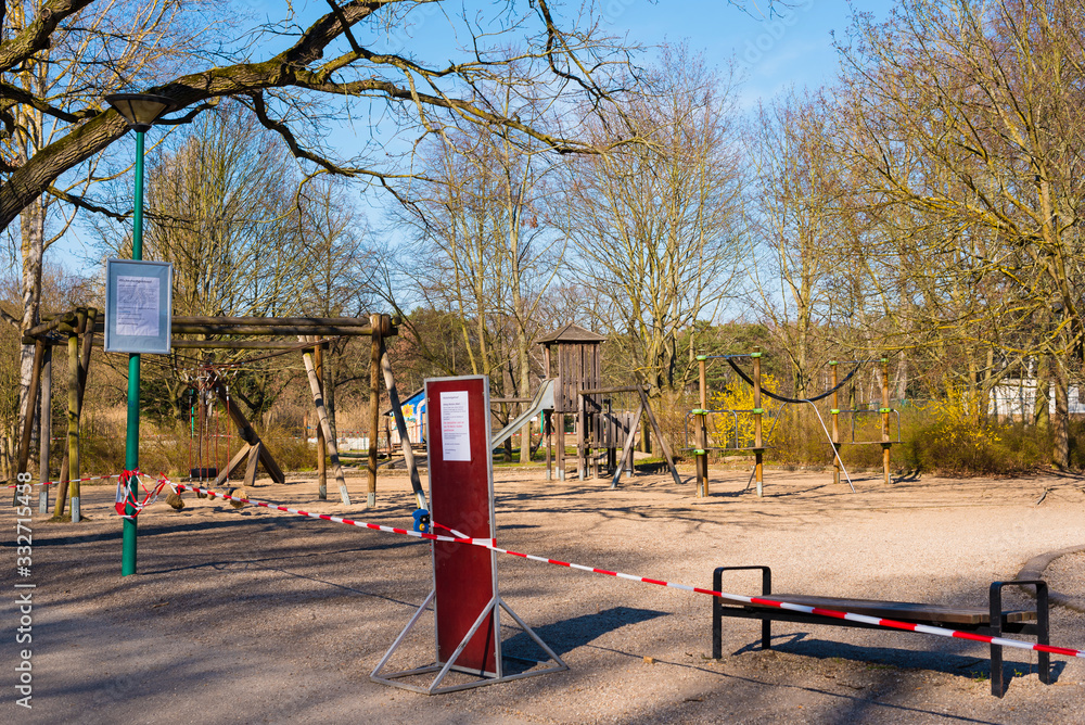 Playgrounds that were closed due to the corona pandemic, swings, soccer field, table tennis tables, barrier tape