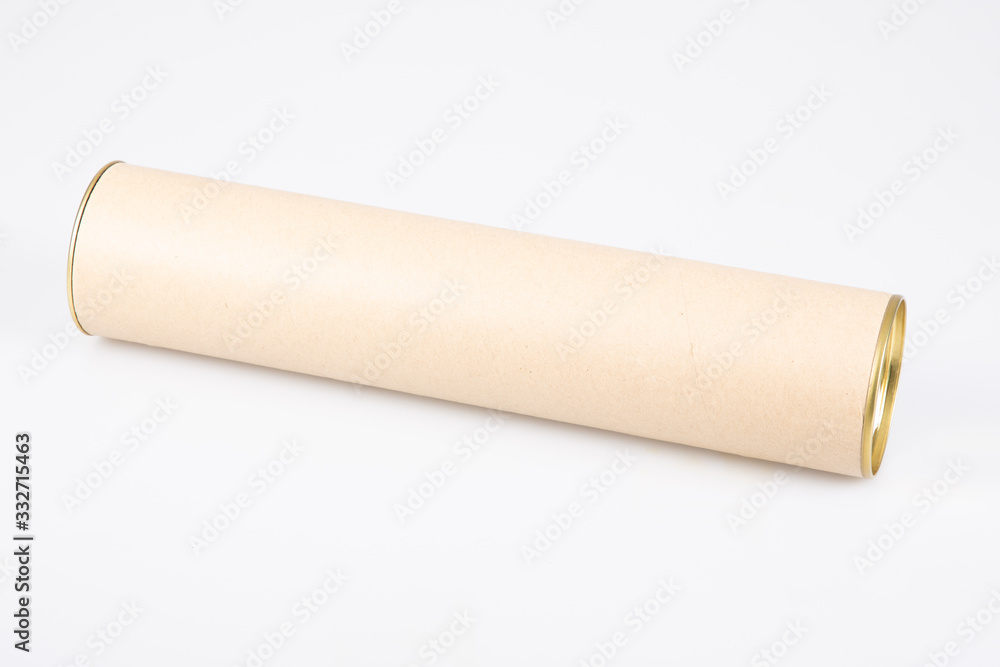 cardboard round mailing brown paper tube closed metal cap on white background cardboard round mailing brown paper tube closed metal cap on white background