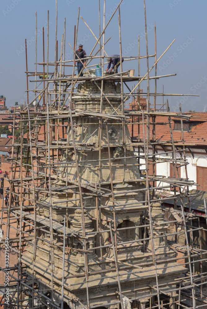 Rebuilding a temple after the earthquake at Bhaktapur on Nepal