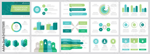 Set of grey and green, turquoise, blue elements for multipurpose presentation template slides with graphs and charts.