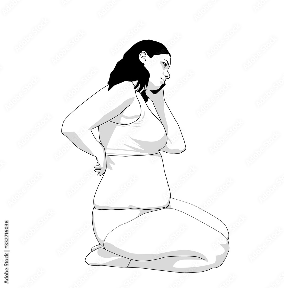 plus size girl with smartphone in bikini. Beautiful overweight woman. black line on white background. plus size girl with smartphone in bikini. Beautiful overweight woman. black line on white background.