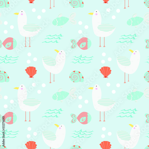 Marine vector pattern: gulls, fish and shells. Children's ornament in the Scandinavian style.