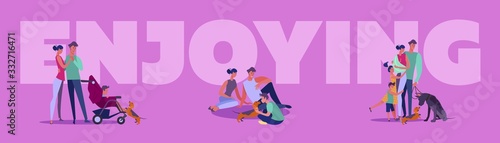 Families enjoying leisure set. Citizens walking or running outside, apartment houses facade. Flat vector illustrations. Lifestyle, real estate concept for banner, website design or landing web page