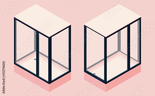 Shower stall kit isometric. Pink and black color on pastel background. Vector concept illustration