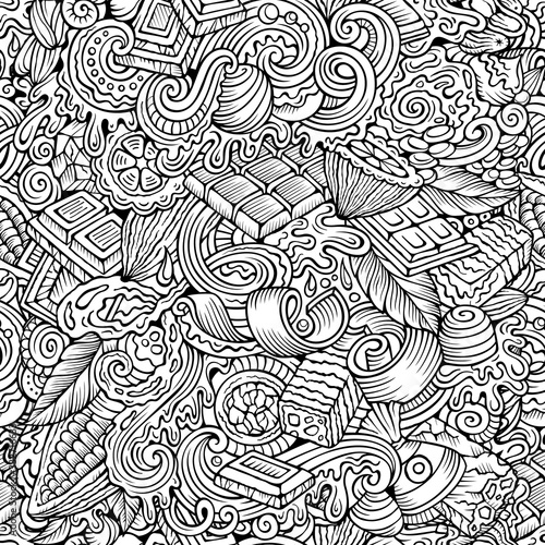Chocolate hand drawn doodles seamless pattern. Cocoa vector illustration.