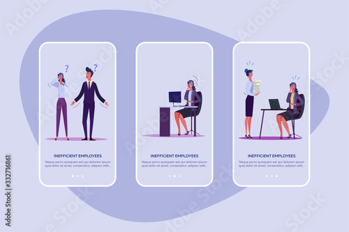 Inefficient employees set. Confused irresponsible employees throwing papers, shrugging. Flat vector illustrations. Business losers, failure concept for banner, website design or landing web page