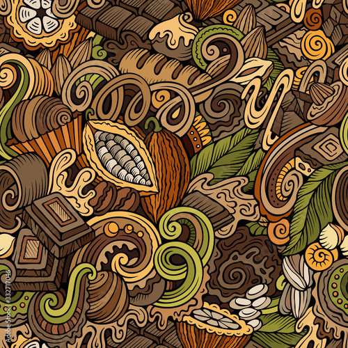 Chocolate hand drawn doodles seamless pattern. Cocoa vector illustration.