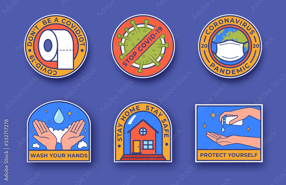 Naklejka premium Coronavirus outbreak concept. Covid-19 colourful badges. Staying home with self quarantine. Protect yourself from viruses, wash your hands. Coronavirus pandemic
