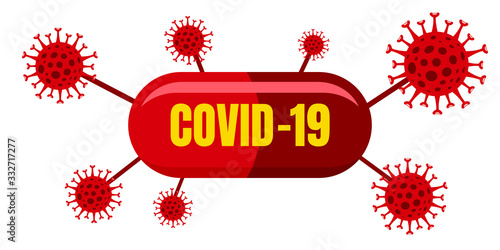 Medication of antiviral red capsule, medicine drug, Coronavirus, 2019-nCoV, COVID-19, Bacteria on white background, isolated, vector illustration