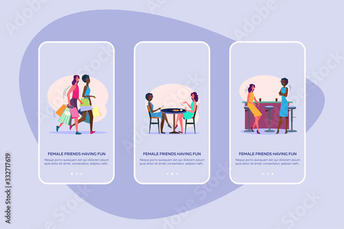 Female friends having fun together set. Two women in cafe, bar, college, shopping mall. Flat vector illustrations. Friendship, meeting concept for banner, website design or landing web page