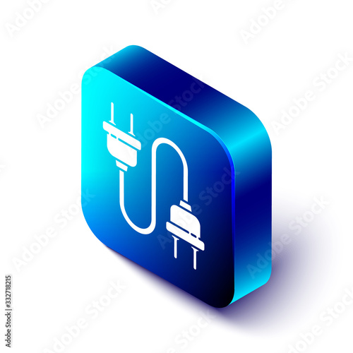 Isometric Electric plug icon isolated on white background. Concept of connection and disconnection of the electricity. Blue square button. Vector Illustration