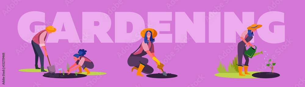 Couple of gardeners set. Man and woman growing plants, gathering harvest, suburb house . Flat vector illustrations. Country, lifestyle concept for banner, website design or landing web page Couple of gardeners set. Man and woman growing plants, gathering harvest, suburb house . Flat vector illustrations. Country, lifestyle concept for banner, website design or landing web page