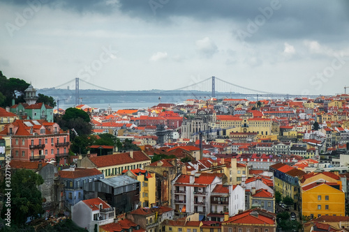 Lisbon from a terrace. All the rooftops from above and the 25 de Abril bridge at the back.