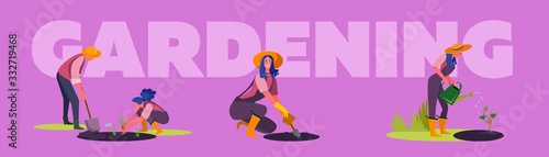 Couple of gardeners set. Man and woman growing plants, gathering harvest, suburb house . Flat vector illustrations. Country, lifestyle concept for banner, website design or landing web page