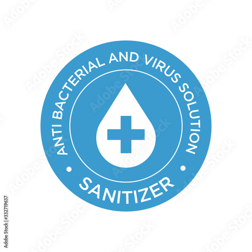Sanitizer icon. Anti bacterial and virus solution. Round symbol for disinfectant gel labels.