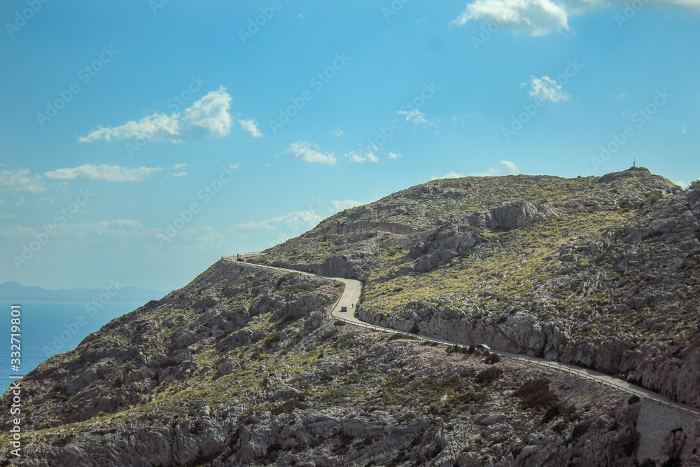 winding road through Serra de Tramuntana, view from Cap de Formentor in Mallorca, Spain