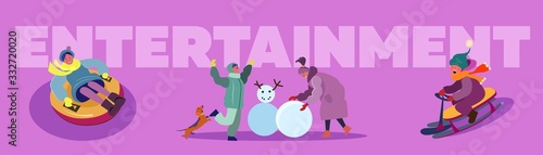 Christmas winter park set. Parents, children walking, making snowman, sleighing. Flat vector illustrations. New Year, leisure, outdoor activity concept for banner, website design or landing web page