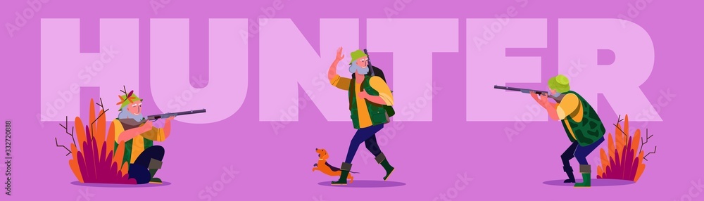 Hunter outdoors set. Man shooting riffle, holding shot animal, autumn landscape. Flat vector illustrations. Hobby, sport, activity concept for banner, website design or landing web page Hunter outdoors set. Man shooting riffle, holding shot animal, autumn landscape. Flat vector illustrations. Hobby, sport, activity concept for banner, website design or landing web page